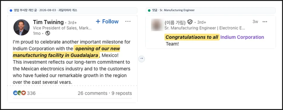 과달라하라 공장 개소 글에 선임 제조 엔지니어가 남긴 축하 댓글 (User Buyer 예시)