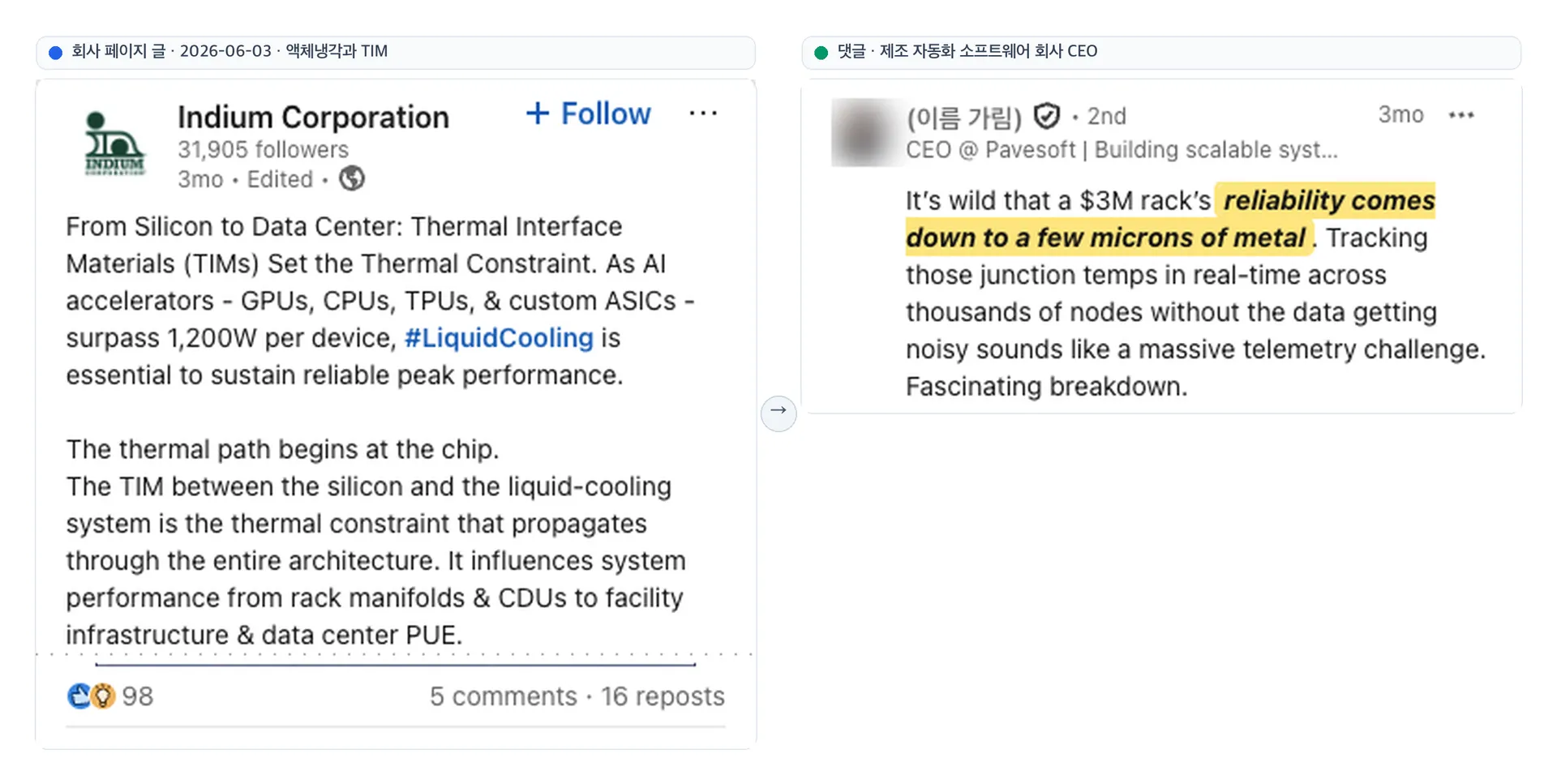 Indium 회사 페이지 액체냉각 글에 제조 자동화 소프트웨어 회사 CEO가 남긴 댓글: 300만 달러 랙의 신뢰성이 금속 몇 마이크론에 달렸다