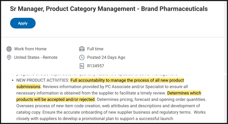 Henry Schein 채용공고 · Sr Manager, Product Category Management - Brand Pharmaceuticals · 2026년 9월 3일 게시 · 신제품 제출 절차 책임과 제품 채택·거절 결정
